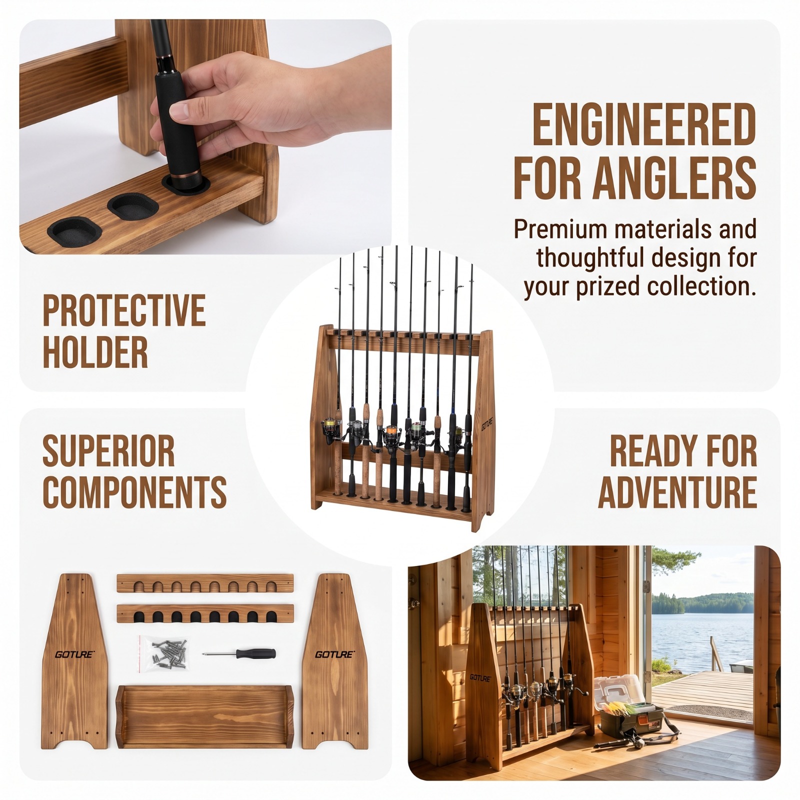 Fishing Equipment Organizer - 고투어 10슬롯 탄화소나무 낚싯대 플로어 랙
